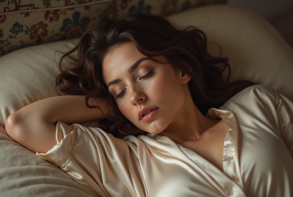 Beautiful woman wearing a jacket, shorts, sleeping on a villa bed at night