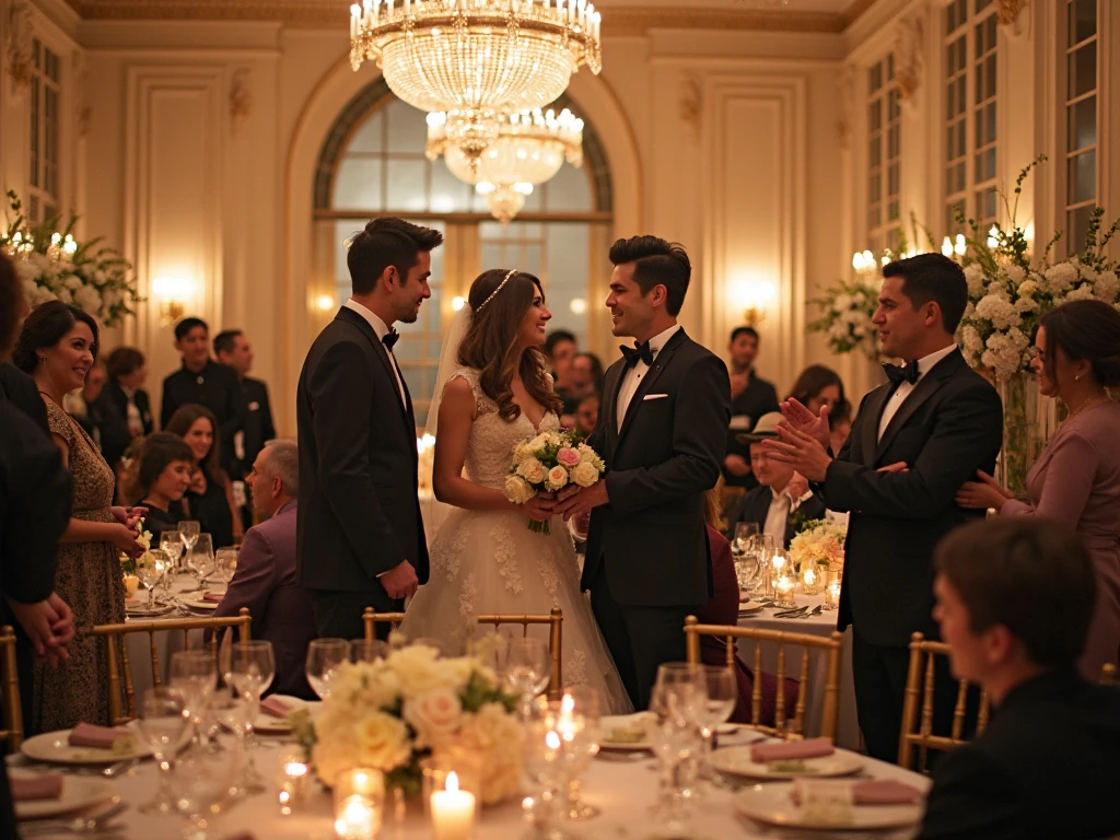 A dark couple, husband and wife looking into eachothers eyes. The groom stares down at his bride who has wavy dark long hair and the bride looks up at the groom who has curly fluffy hair. They look dark and eery