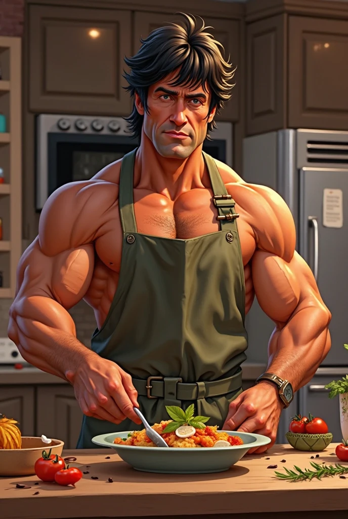 intricately details,High- sharpness,High picture quality,Rich background,tmasterpiece,Full body photo,in a panoramic view,Lots of white space,A mature muscular man,45 yers old,vast pecs,Broad shoulders,Huge crotch bulge,Stout limbs,short detailed hair,Slag, (((Shirtless))), rich body hair,Indecent expressions,Frock suspenders,Sit on the countertop in the kitchen,Overlooking,Face the lens,