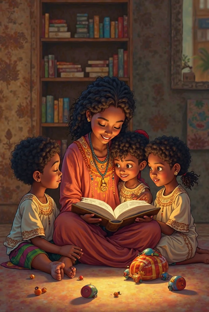 A moving image of a black Brazilian mother sitting with her young children, reading a story. The mother holds an open book, from which a soft, magical light emanates, illuminating their faces. The children are captivated, their expressions full of wonder and excitement as they are drawn into the story. The light from the book subtly transforms into soft, glowing shapes, such as stars, animals and trees, symbolizing the vivid imagination sparked by the story. White background.