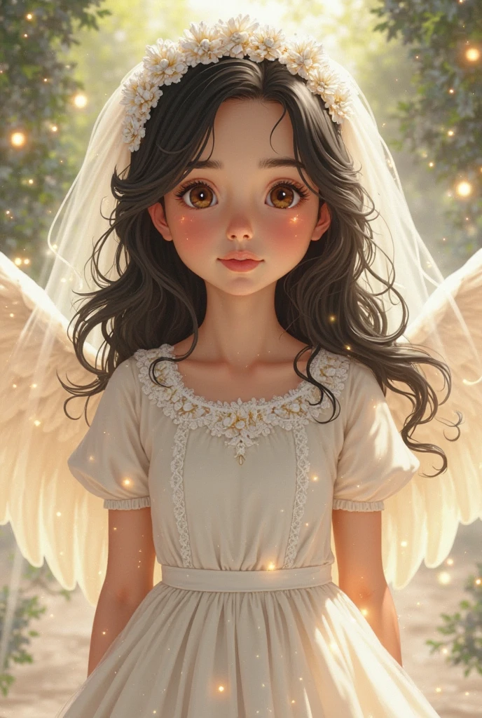 In this enchanting, angelic scene, we find a small child, about five years old, standing in a serene, sun-drenched garden. The child's face is a picture of innocence, with big, bright eyes that twinkle like bright stars and a soft, sweet smile that radiates pure joy and tranquility. Her features are rosy and her skin has an ethereal glow, adding to the angelic aura that surrounds her. The child is dressed in a preserved garment, reminiscent of heavenly little angels. She wears a pristine white robe adorned with delicate gold embroidery along the hems and small silver sequins that catch the sunlight, creating a mesmerizing glow. A pair of soft, feathery wings sprout from the child's back, their immaculate whiteness matching the tunic. The wings have a subtle glow, reflecting soft pastels, as if kissed by the colors of a soft rainbow. With the little hands clasped together in a prayer position, the child exudes a sense of calm and devotion. Her little fingers are delicately intertwined, and her head is slightly bowed, showing the sincerity and innocence of her heart as she offers her prayers to the heavens above. With bright and open eyes, the child seems to look directly at the observer, establishing a connection of peace and serenity through the look. The surrounding garden complements the scene perfectly, filled with vibrant flowers in varying shades of pink, white and lavender. The air is suffused with the delicate influence of flowers, and butterflies flutter around, drawn by the pure spirit of the child. Rays of sunlight filter through the foliage, casting a soft, warm glow over the little girl's angelic form, making the entire scene claim to be a glimpse of paradise itself. This image prompt captures a moment of spiritual connection and innocence, evoking feelings of peace, love and the beauty of childhood devotion.