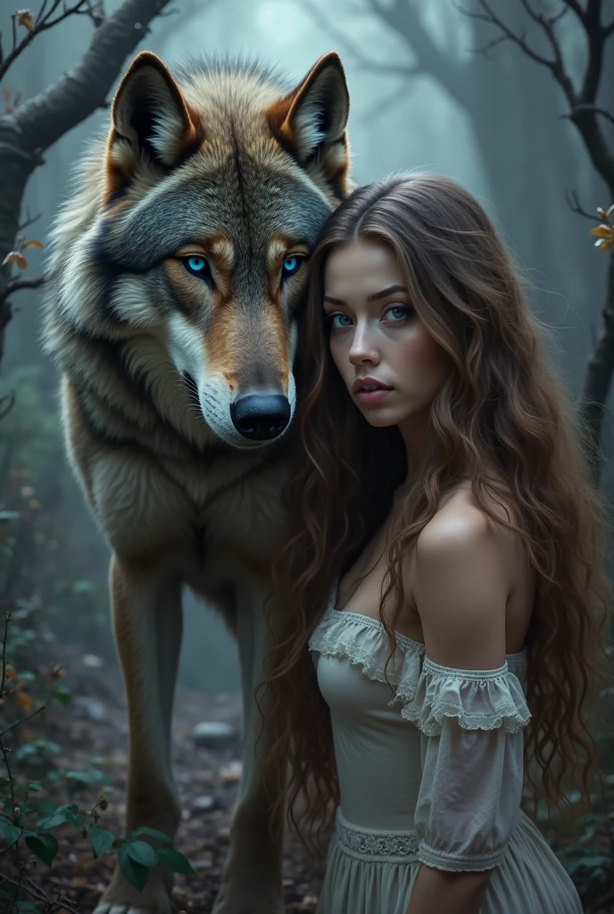 A huge wild gray wolf protecting a beautiful woman (masterpiece: 1.5) (photorealistic: 1.1) (bokeh) (best quality) (detailed skin texture pores hair: 1.1) (intricate) (8k) (HDR) (wallpaper) (cinematic lighting) (sharp focus )