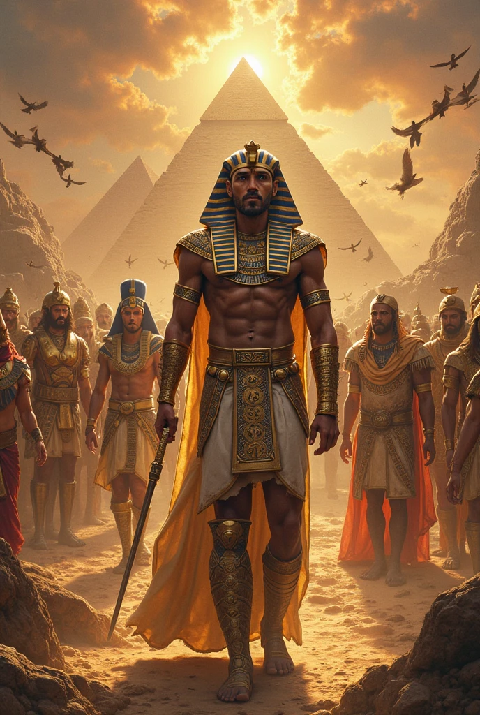 arafed man with a beard and a belt standing in front of a group of women, kemetic, brown skin man egyptian prince, kemetic symbolism, by Ryan Barger, african mythology, by Jason Felix, by Arthur Pan, by John La Gatta, storm egyptian god, cgsociety artstation, by Aleksander Kotsis --auto