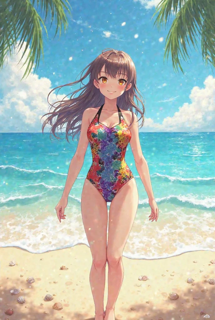 score_9, score_8_up, score_7_up, source_anime, masterpiece, best quality, very aesthetic, uncensored, 1 girl, cute face, beautiful detailed eyes, glossy lips, [round breasts, medium breasts], voluminous ponytail, pink scrunchie hair, brown hair, earrings, colorful swimsuit, walking, people, beach, sea waves, coconut tree