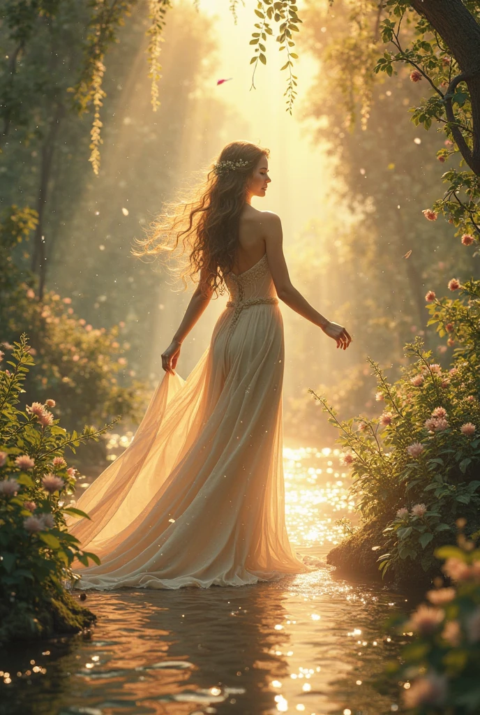 a beautiful woman in a colourful sheer airy dress with intricate embroidery, nude underneath, strolling through a lavish flower garden at night, long wavy hair, glowing skin, ethereal, cinematic lighting, moody colors, magical realism, romantic, high quality, detailed, photorealistic, she is smiling at the camera