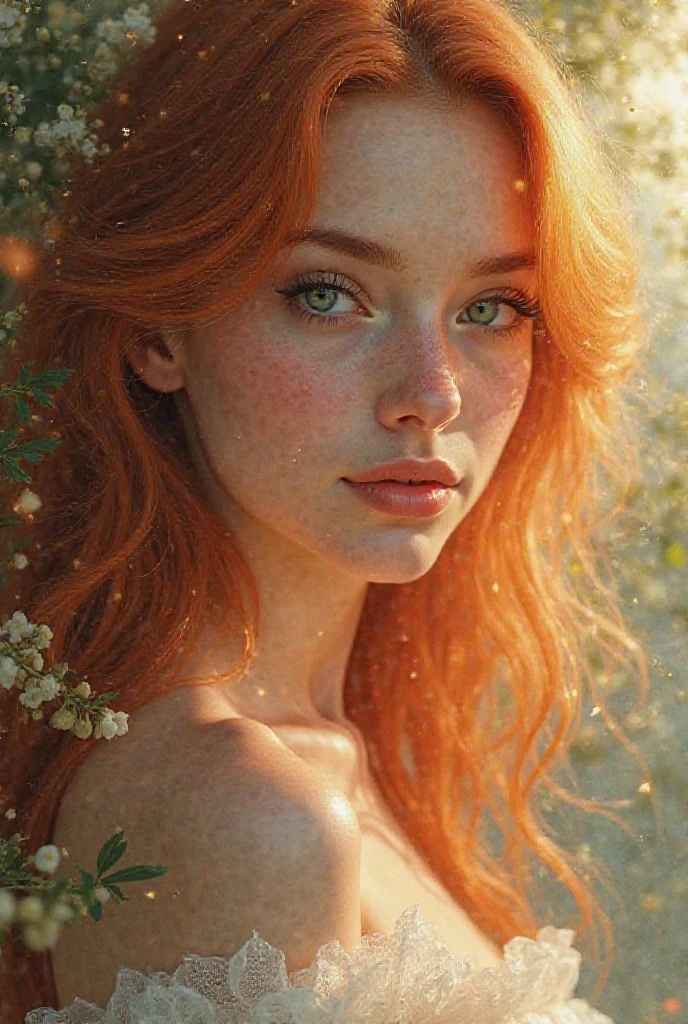 (dynamic angle:1.1),outdoors, ginger hair, photo of skinny 20yo girl, freckles, sad, soft, masterpiece, volumetric light, best quality, complimentary colors, dramatic lighting, intricate details, subsurface scattering, topless, small tits,
