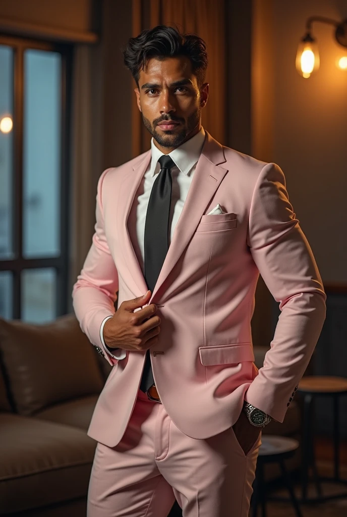 Generate a handsome, Indian business man boy, Age in 23 years old, realistic face and stylish hair cut, realistic body skin,  feair skin tone,fitness body, wearing a( pink suit a pink tie set )and pink pants, siting with a chair 💺 in the office room, realistic image look at forward 