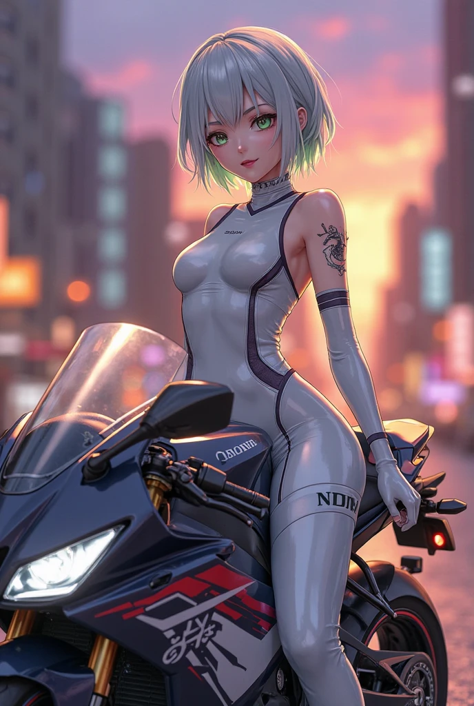   Freefire anime game style with long white hair tied with glasses with black mouth and white face with a white robotic slutty outfit on top of a white motorcycle, and the shirt has to say "NAATH FF"
