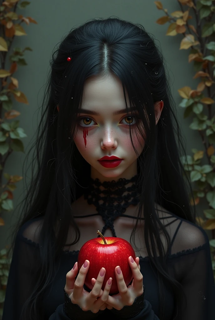 ((RAW Photo), absurd, (absurdresolution)), masterpiece, best quality, (Extremely detailed 8k unity CG wallpaper), (best illustration), (best shadow), Realistic lighting, beautiful detailed glow, ((21 years old)), girl, long black hair, black queen, accessories, apple in hand, poisoned apples, witch queen, red lipstick, (((Photographic Perspective of her)))