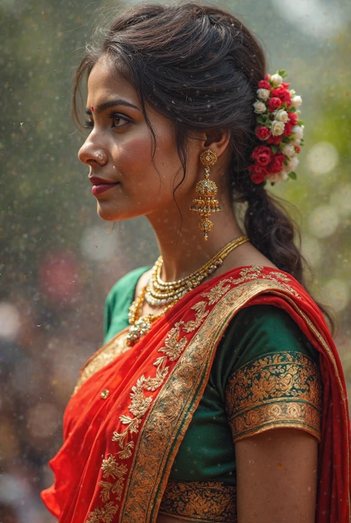 photo of a sexy bengali woman, curvy body, cleavage show, chubby cheeks, deep navel, nose ring, earring, seductive face, dark red lipstick, wearing green saree and red blouse, soft volumetric lights, (backlit:1.3), intricate details, (ArtStation:1.2), blush, (cinematic:1.3), Nikon, 35mm, f/1.2, (textured skin:1.5), anatomically correct, masterpiece