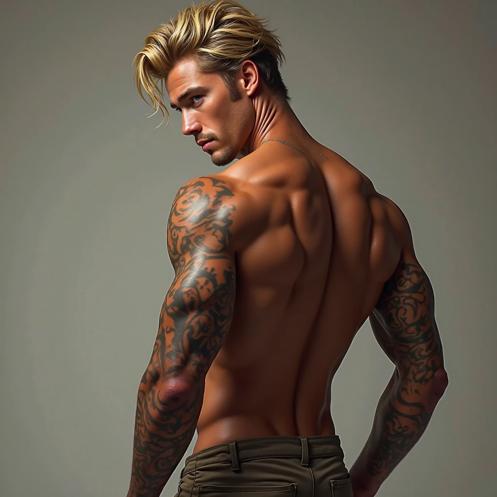 (best quality) Create a breathtaking, high-quality, (realistic+stunning:1.2) artwork using the Stable Diffusion model. Feature a (naked+muscular+athletic:1.2) tattooed blonde man wearing a jockstrap, captured in stunning detail, in a full-body pencil drawing on a beautiful pale art paper.