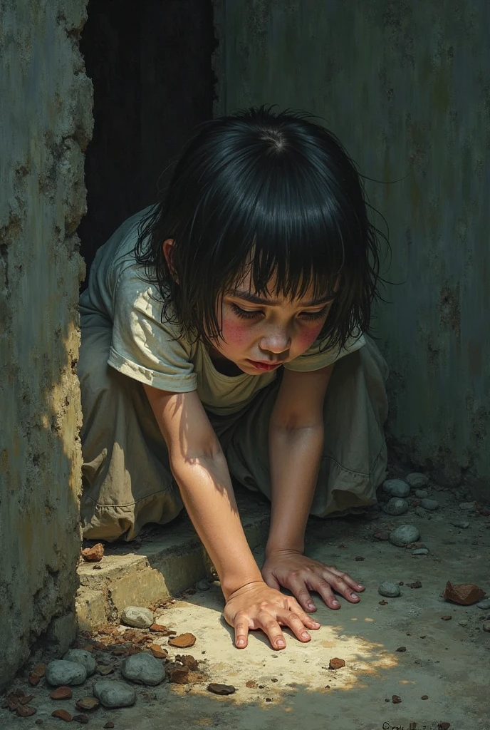 A child behind the window bars