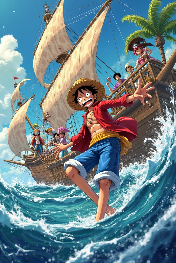 Monkey. D. Luffy on his pirate ship with zoro, nami, usopp, sanji, chopper, robin, franky, and brook
