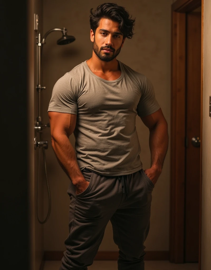 Realistic 8K image of a 33-year-old man, rubio,(( Fuerte, musculoso y nalgon)), cabello corto, ojos verdes, Vestido con una camiseta blanca sin mangas y jeans negros, shy expression, de pie en la sala de estar de un apartamento sencillo, escena nocturna. Big muscles body, Big butt, Cuerpo completo jeans