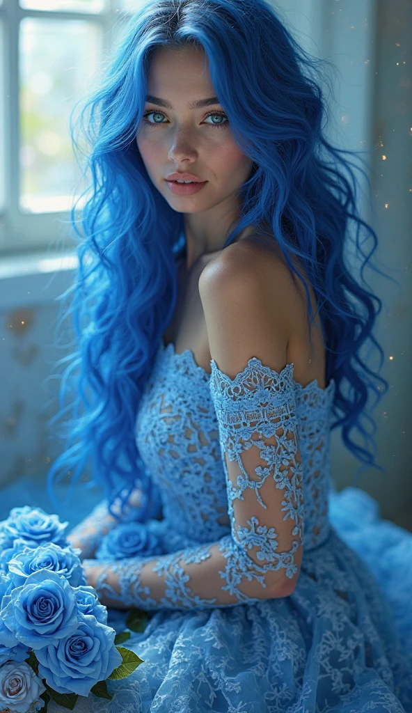 Best Quality, ultra detailed, photorealistic: 1.39), Face of 19 year old naughty teenager., Girl in love with big breasts, bright and vibrant colors, studio lighting, romantic expression, (beautiful lingerie with transparencies,) Elegant makeup, long blue hair blowing in the wind, attractive eyes, bright lips, pose sexy, beautiful roses, smiling confidently and seductively, posing for a professional photo shoot, shallow depth of field, soft natural lighting, creating a romantic and magical atmosphere. in the clothing store, (( Full body shot))