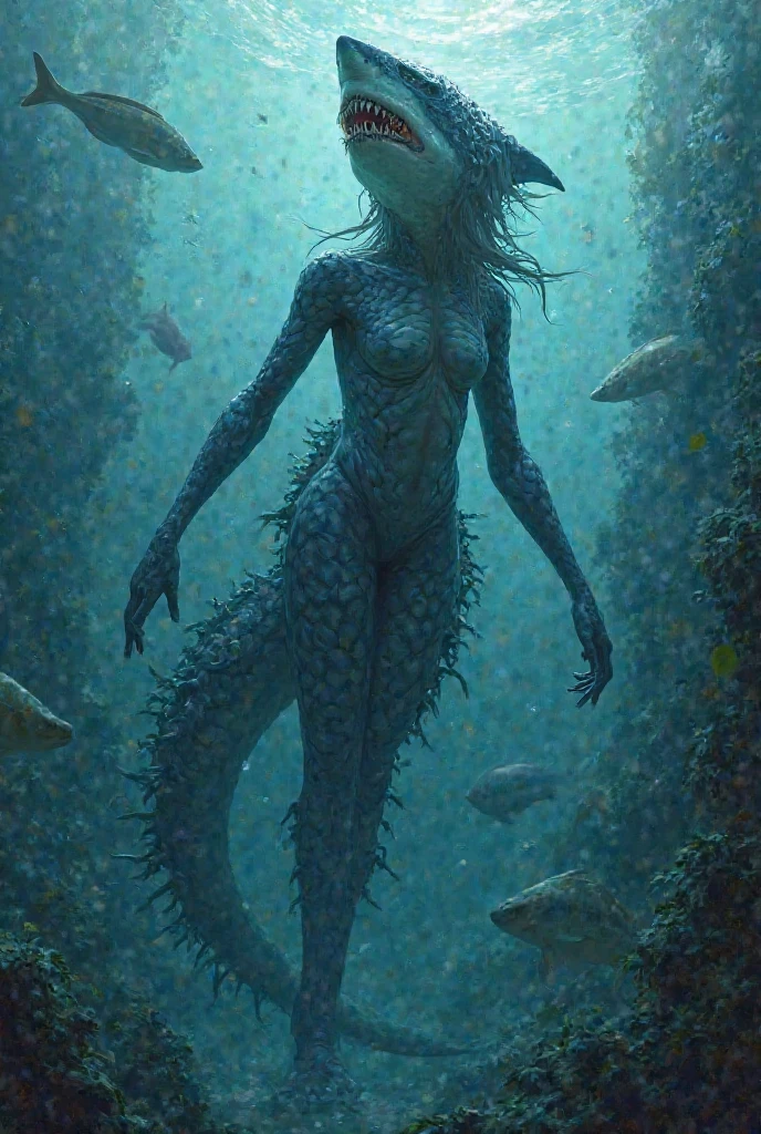 Highest quality,4K,High resolution,masterpiece:1.2),Super detailed,Realistic, ((Black Swamp Monster))woman、 Swimming under water,Scaly skin,creepy eyes,Thick webbed claws,Floating seaweed,Dark and murky abyss,Horror,water scenery,Shadows and reflections,Greenish blue color palette,Mysterious lighting,Spooky atmosphere,Ripples on the water,Detailed information on underwater plants and rocks
