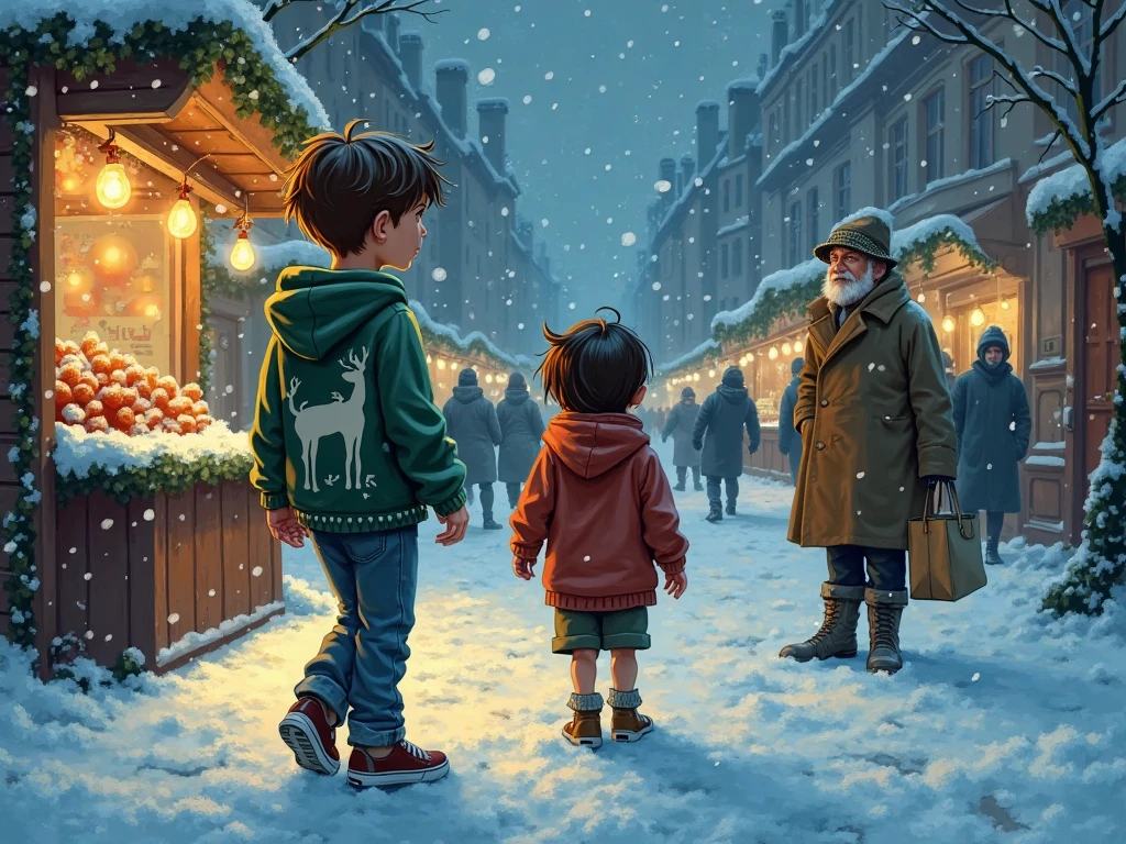 sleet,ventania,tree shade,Children looking up at street lamps,Dense snowflakes fall under the lights。