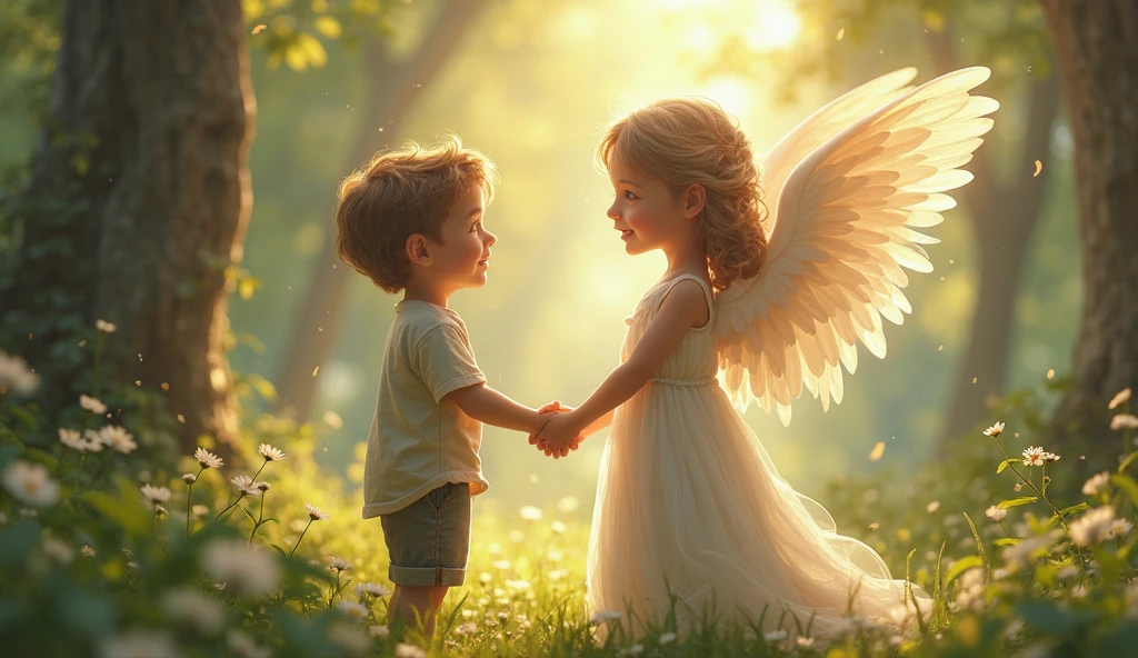 Baby angel boy with pant fly to play with 2 year short hair girl toddler who standing leaning with arm wide open on the bench in flowery garden,bright white
morning
