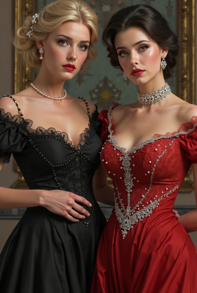 A photorealistic rendering of two beautiful women standing side by side in a luxurious Victorian-themed room. They wear intricately designed corsets and lingerie, one in blue and red and the other in red and black. The room features ornate furniture, a grand chandelier, and lush drapery. Rendered in Unreal Engine 5 with bold colors and finely detailed textures