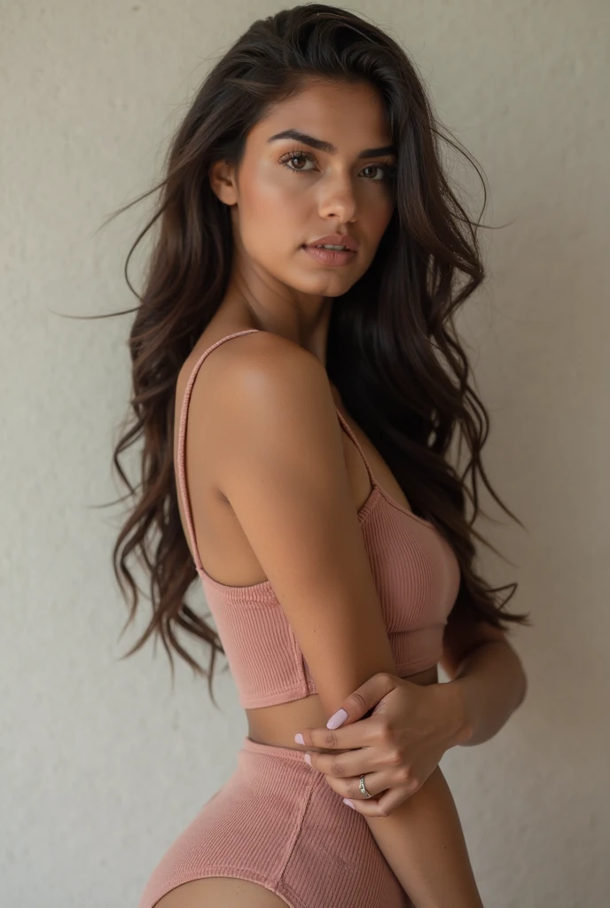 1 woman, Long wavy hair, dark brown eyes, average breasts, with a pink jersey, sensual, Intriguing eyes 