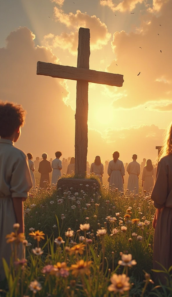 solemn and hopeful scene that captures the true meaning of Christian Easter. In the center, a simple and worn wooden cross, illuminated with a soft and warm light that symbolizes the resurrection of Jesus. around, a quiet landscape of dawn, with spring flowers such as lilies and daisies, representing renewal and new life.  In the background, an open tomb with the stone removed, indicating the resurrection. People of various ages and ethnicities, dressed in simple clothes, looking reverently and peacefully at the cross. The atmosphere must convey hope, redemption and divine love, with golden tones and soft pastels that reflect the light of the morning and the promise of new life