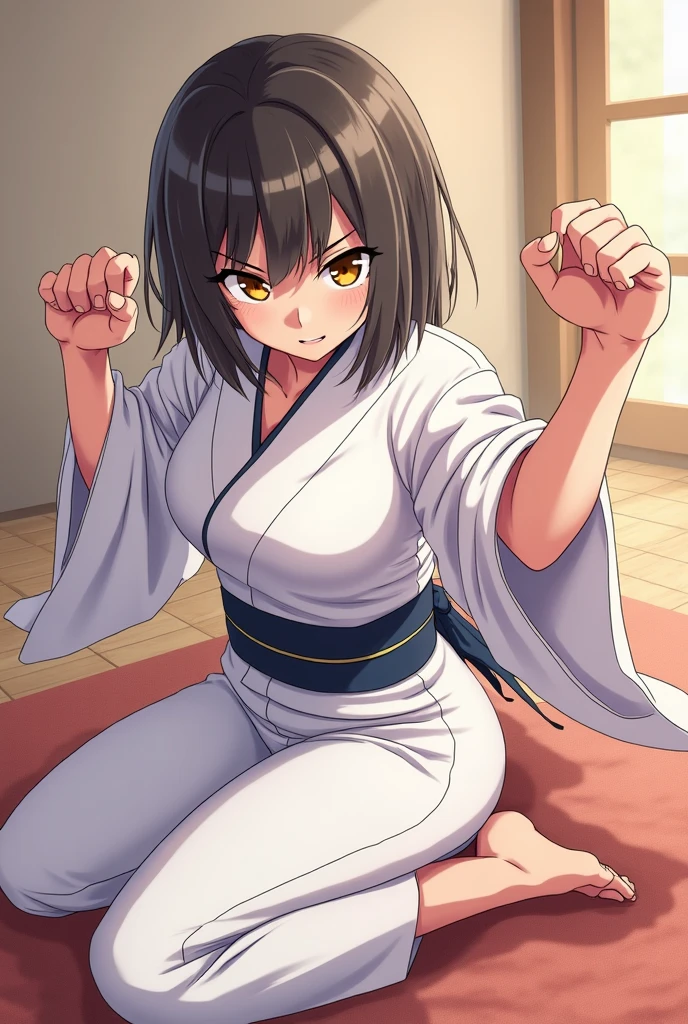((((masterpiece, best quality, high resolution)))), Extremely detailed 8K, 1 female, wearing a white Karate gi, (ahegao),white eyes, Small breasts,full body, kneeling, tired, (muscle:1.4), japanese clothes,  No underwear,No eyeballs, Facing the audience, looking at the audience, tired, from below, (Exposed armpit:1.1), ((armpit:1.2)), sexy, Sweating, More and more sweat,(ahegao), (Roll your eyes),  open mouth, Sticking out tongue, saliva, Slobber,Skinny, raise arms, (arms above head:1.5)(Ultra HD, Ultra-detailed, Highly detailed, Highly realistic, Ultra-realistic, photograph realistic), (1girl:1.5), (Realistic black hair), (dynamic poses), facing at camera, looking at viewer, (slightly serious face), (perky breasts:1.2), (beautiful detailed face, beautiful detailed eyes), ((worn out karate gi)), (preparing for a fight), sweat, glow, (sunbeam, sunlight), ((cowboy shot)), inside a training gym, seductive, EnvyBetterHands LoCon,