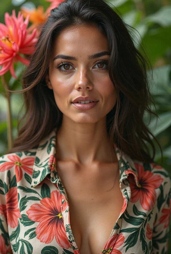 A Brazilian woman in a lush tropical garden, wearing an open shirt with a floral print, with a close-up capturing the harmonious beauty between her breasts and the natural flowers, showing off your natural charm and outgoing personality.