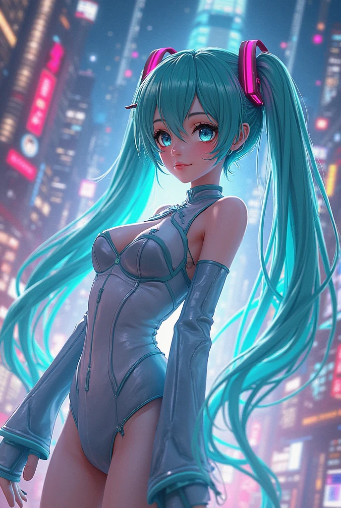 masutepiece、Best Quality、Illustration、 ultra-detailliert、hight resolution、8K Wallpapers、Perfect dynamic composition,、Beautiful detailed eyes、(Hatsune Miku's costume:1.3)、(Perfect New One Piece School Swimsuit:1.3)、(Brown pantyhose:1.3)、Medium Hair、(Beautiful Large Breasts:1.3)、Natural Color Lip、Bold sexy poses、Smile、embarassed face、Blushing、Harajuku、20 years girl、Cute、Beautiful sister、Sexy shot looking at camera、60th floor of a tower apartment、Luxurious bedroom、Luxury bed、sit on a bed、You can see the night view from the window、nighttime scene、is standing、Naughty atmosphere、Erotic Poses、Evocative Pose、suggestive pose、Looming