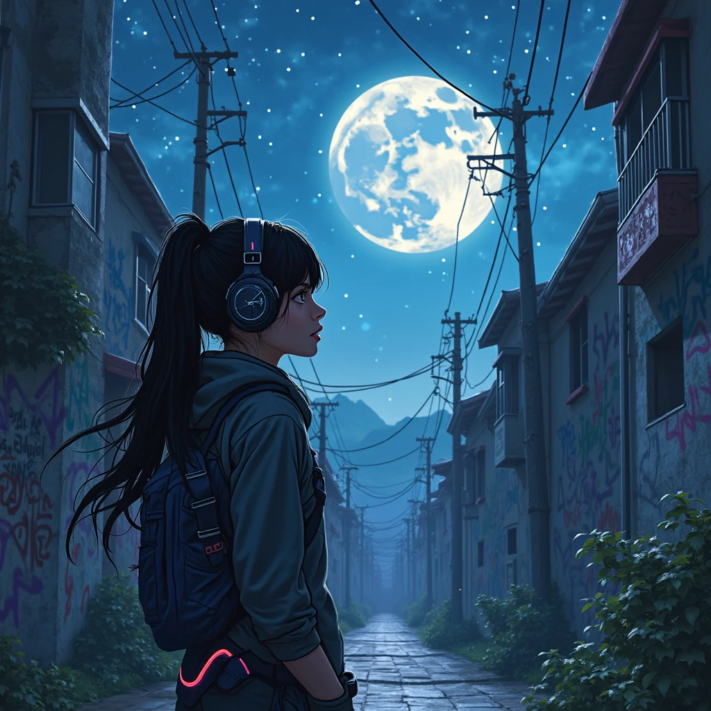 Image of a cyber girl, Futuristic Android style, de costas, with headphones, black hair, contemplating the stars, Background of the image: an alley high on a hill with graffiti on the walls and a beautiful moonlight with starry skies