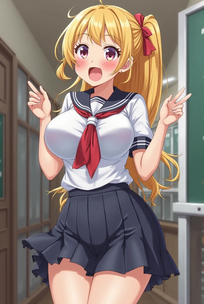 (( close、16K、Highest quality、Attention to detail、Rich skin detail, Browsing Caution、Chubby))、 (Beautiful Eyes), ((Huge breasts、Armpits、Hands behind head、Spreading her legs、Sitting、Sweat、vapor))、 ((Blonde、white high leg panties、Red ribbon))、(Cheerleader、Red short dress、Red mini skirt)、(blue eyes、Three white eyes)、((Twin tails、Long Hair、Straight hair)),  ((blush))、(Wide Hips、Thick thighs)、((((surprised、Embarrassing))))、((On stage))