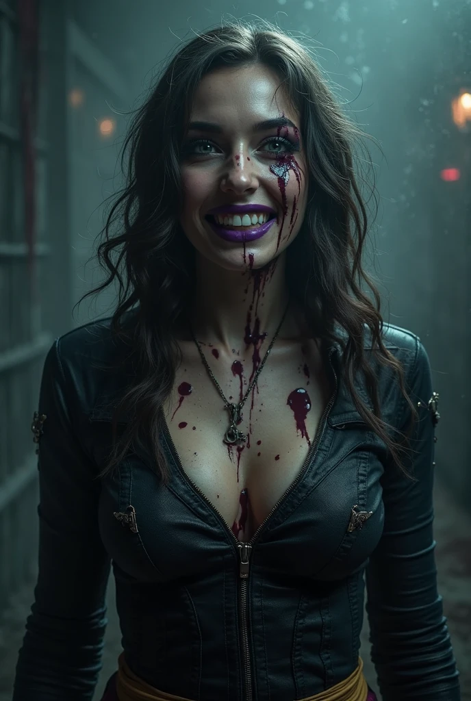 (Masterpiece. UHD. Photorealistic) In a dimly lit room. Blurry background. An ultra hot gorgeous woman. Age 23. Voluptuous hourglass body. Gorgeous face. Epic cleavage. (100 DD size).face staring blankly. A glint of madness in the eyes. Evil surly smile and full red lips. Joker makeup on the face and neck. Clothes and body covered in blood.(perfect hands).