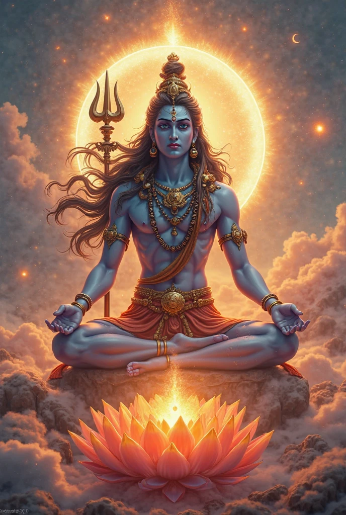 Depict Lord Shiva as a cosmic deity seated on a radiant, floating lotus in the middle of a vast, star-filled galaxy. His third eye glows with cosmic energy, and celestial light cascades from his form, illuminating the surrounding nebulae and star clusters."