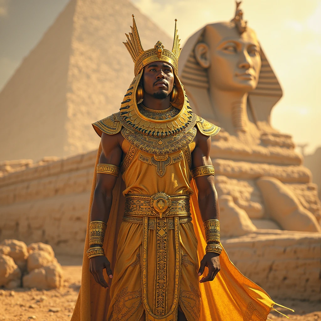 Ganymede. Realistic photo. Photo from the waist up. Handsome African warrior man. Dark skin. He wears ancient Ethiopian armor with gold trim. Muscled body. King's golden crown on his head. Background of an Ethiopian desert field. Blue sky. In the distance, a flock of black birds..... ((Masterpiece)). Professional photography, ultra-sharp focus. Analog RAW photography, 80mm f2.8 lens, Best quality, Ultra detailed, 64k, Intricate details, Fine detail, Detailed rendering, Realistic detail. Detailed hands, perfect eyes, detailed face, natural pose.
