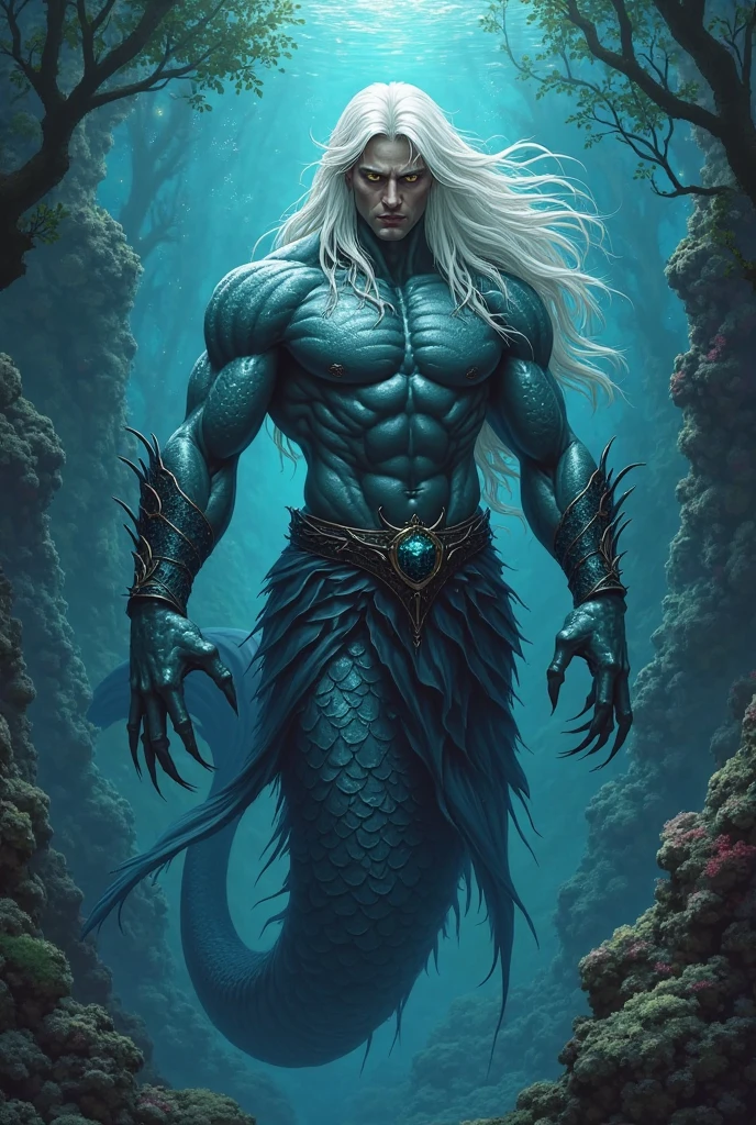 A male mermaid with a black fishtail handsome, strong, dark, silver-gray long hair, blue skin, long hair and waist, sea, black fishtail, fins, webbed, delicate face, fantasy, science fiction, male, mermaid, mermaid, man, elf ear, gray skin, gloomy