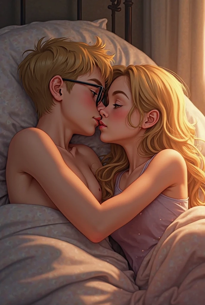 create an image in Disney Pixar cartoon style of a couple full of love and affection, she lying on his lap in bed wearing only a pink bra and pink panties, he shirtless, caressing her entire body, he has dark hair, green eyes, short mohawk, with a tattoo of a carp on his arm, she blonde green eyes black glasses