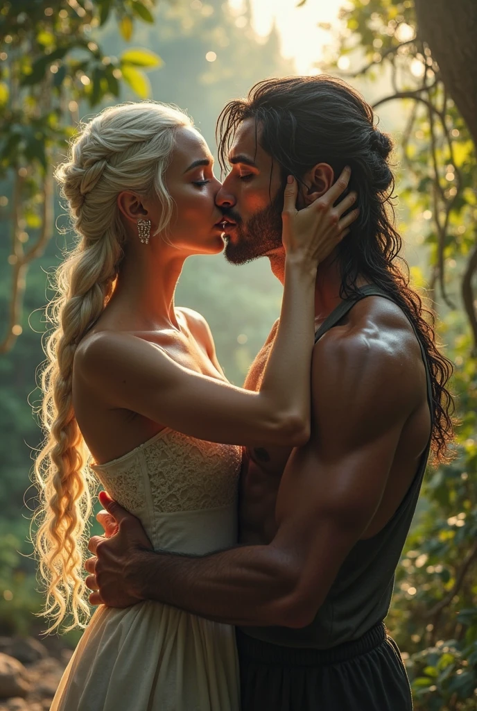 A woman young, blonde hair golden colored strands, 20 year, dressed in Sansa Stark style, being grabbed in the forest on a full moon night by a 30 year old man, Cao Cao, taller than the young woman, e stark, brawny, short black hair, stark, Jhon snow style, he is only dressed with his pants underneath, her upper muscles exposed She is trying to get away from him, and he grabbed her, only the man has red eyes