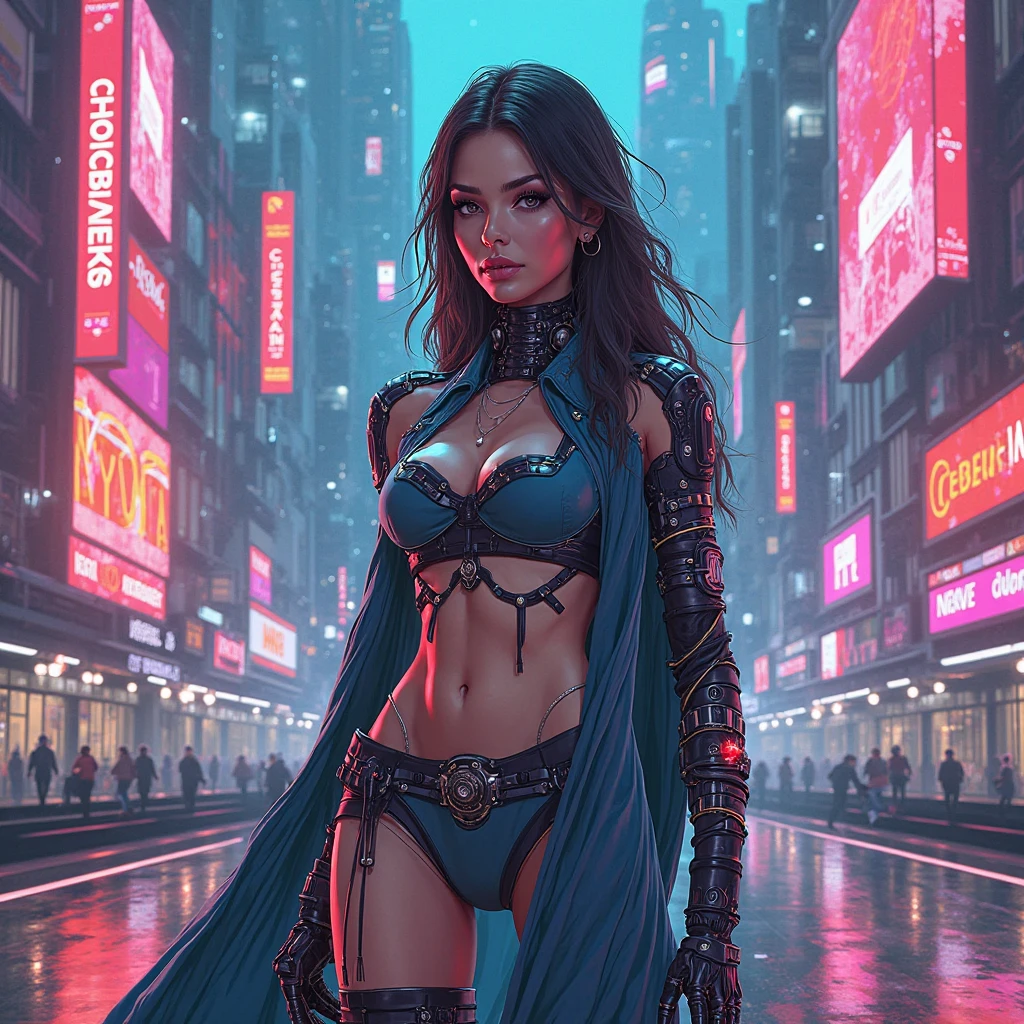 gorgeous woman, beautiful face, long purple hair, wearing short gray poncho, half naked body, realistic, sexy, skin, underground tunnel, metro apocalypse, Armageddon, Ready for action, 4k, cinematic lighting, grain, darkness