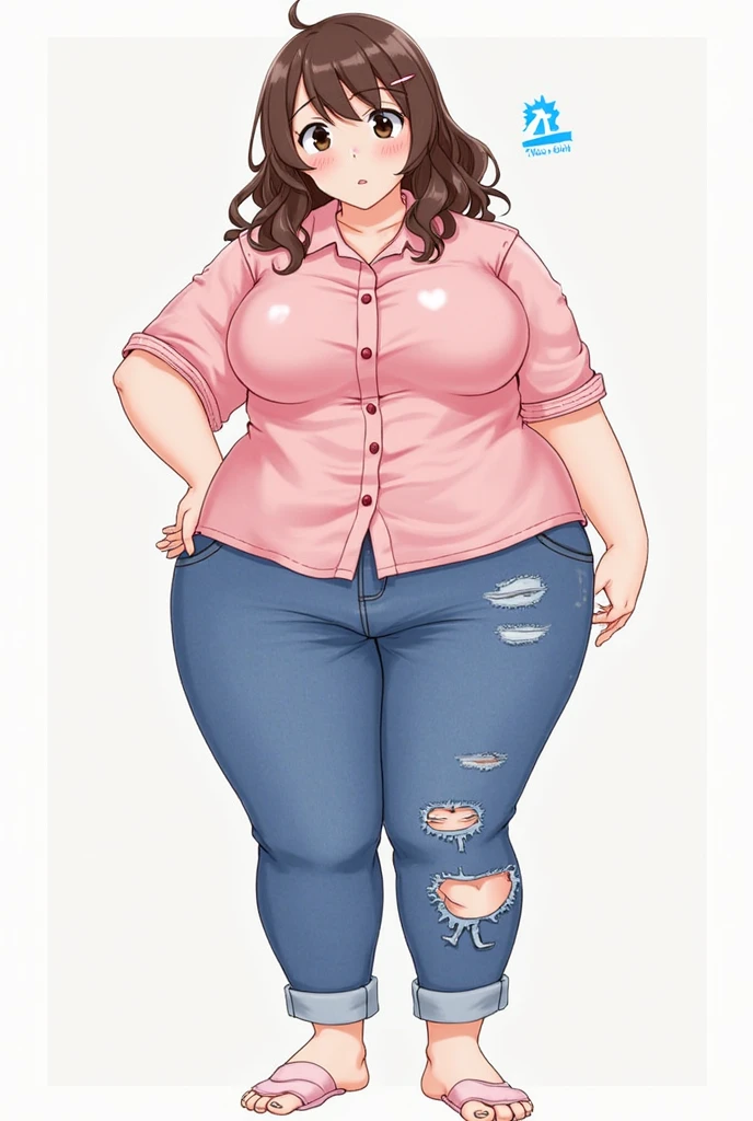 masterpiece, best quality, masterpiece, best quality, 1girl, fat, denim, pants, jeans, solo, hand_on_own_hip, brown hair, shirt, pink_shirt, torn_pants, big breasts,(medium hair) inoccence face, , chubby, looking_at_viewer, torn_clothes, head_tilt, star_(symbol)