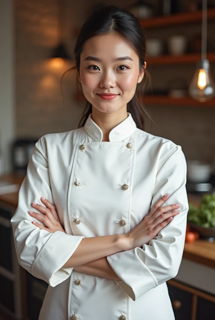 Pose in your hotel management chef coat/uniform — maybe holding a spoon, whisk, or a mini dish. Add a soft background or kitchen vibes. Can you create 