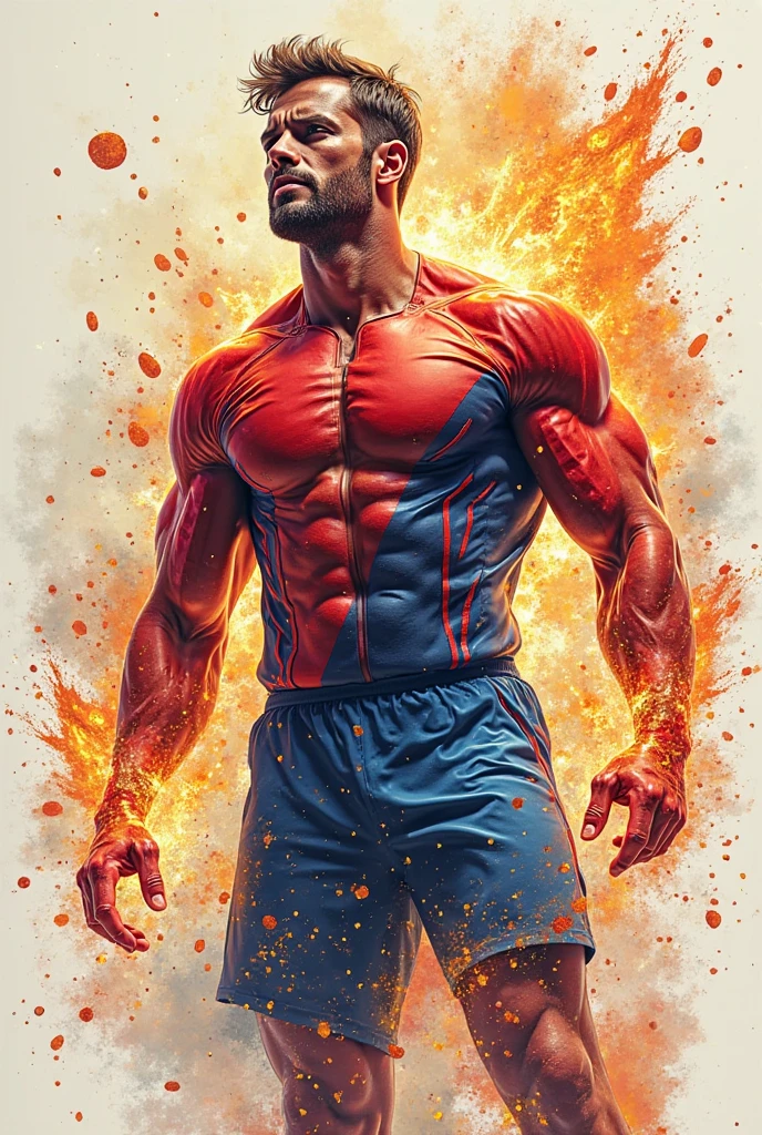 Handsome and athletic man, dressed in boxers and topless coming out of an epic explosion, vivid, HDR photo, hyper-realistic photography, best quality, 50mm f/2.8