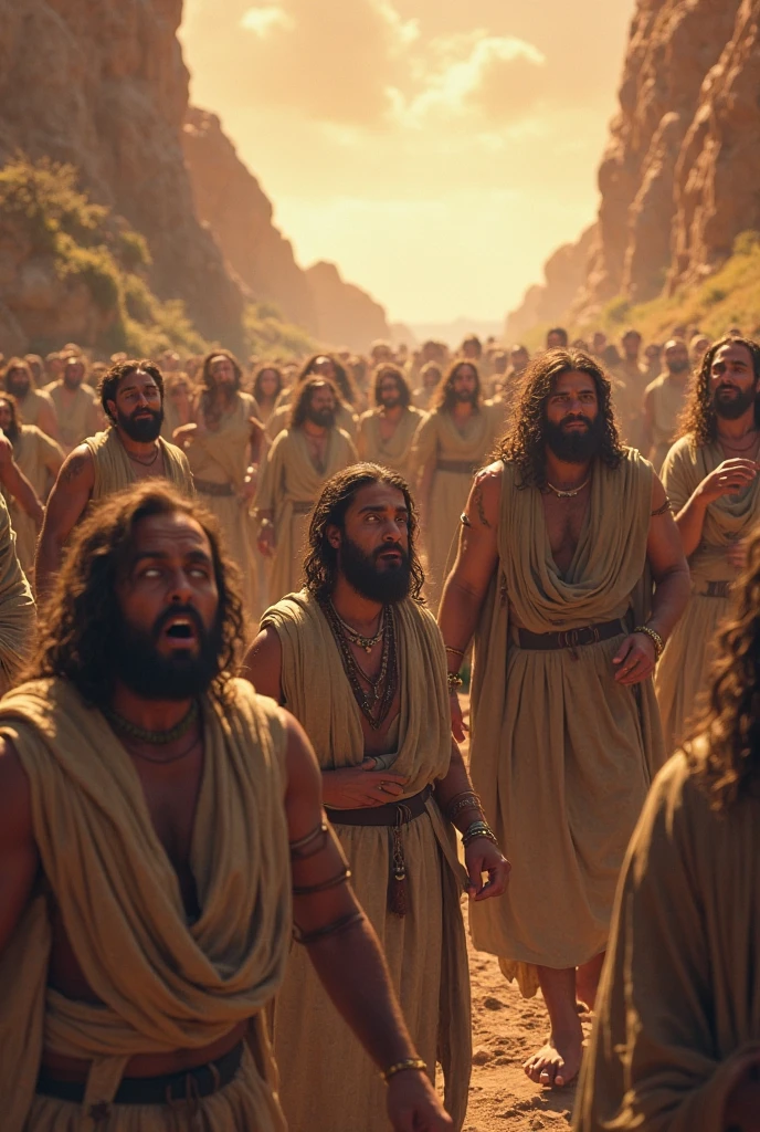 Israelite men, celebrating, thanking God, desert, victory, expressions of joy and gratitude, arms raised, warm colors, soft lighting, details of the desert and the warriors' clothing, 8k, HDR