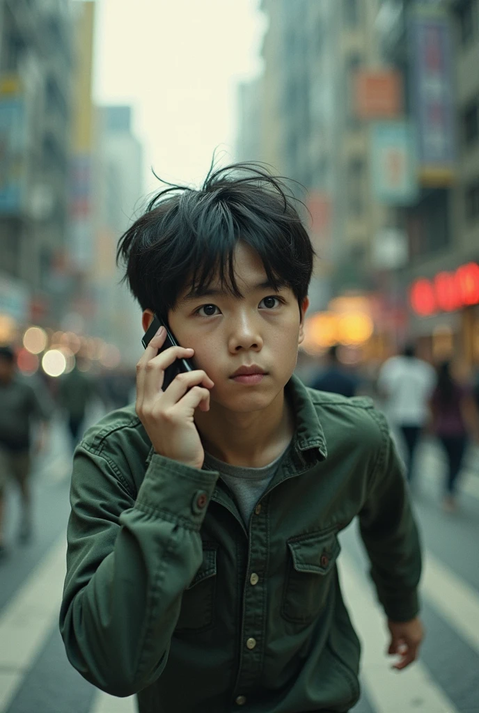 Creat a 18 boy try to talking with 4 peoples who standing Infront of his , the boy opening his hands and try to explain something, background is a normal road, 8k very ultra realistic