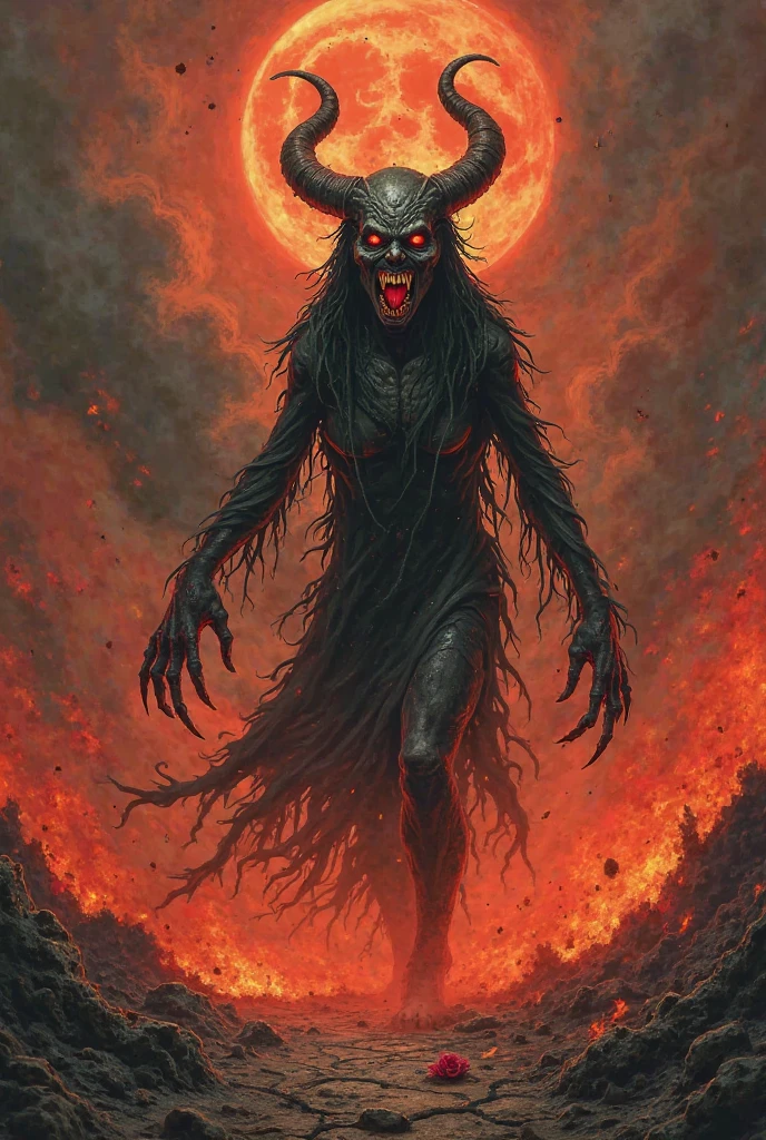 a beautiful detailed kitsune woman with long black fox ears and tails, glowing red eyes, highly detailed mature and curvy figure, large breasts, holding a towel, ruling over a lake with a huge red blood moon reflecting in the water, surrounded by a burning forest full of charred corpses, terrifying smile with glowing red eyes, body covered in dark sinister stains, (best colors,extreme detail description,professional,horror,fantasy