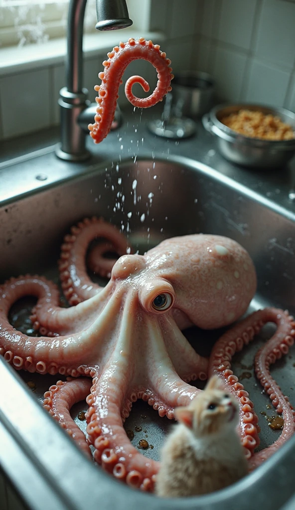 (extremadamente detallado, obra maestra, La mejor calidad), Estilo oscuro, intense illumination, rostro con arrugas, lengua larga, tentacle, deforme, monstruoso, interior de una piscina de agua verdosa, imagen submarina, alien con Colmillos finos, pico de pulpo amenazante. manchas de tinta. Rococo composition. Luz de caravaggio