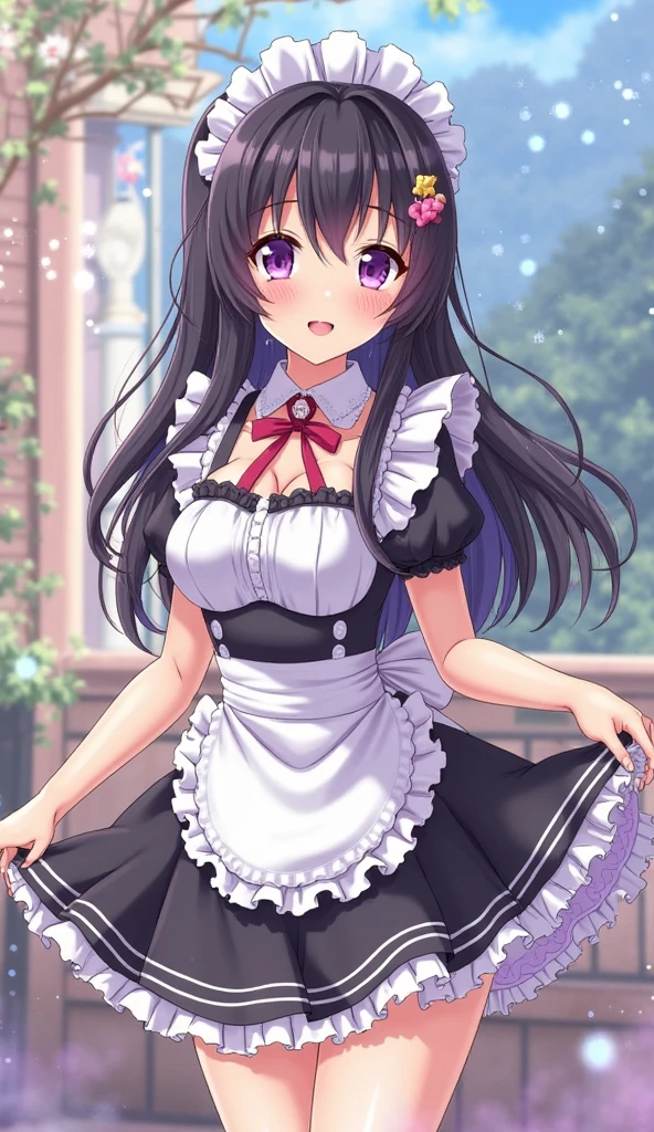 (masterpiece:1.37), best quality, (extremely detailed:1.37), luxurious mansion, inside, interior, woman, mature, (very long hair:1.25), dark purple hair, purple eyes, (extremely detailed eyes:1.37) shining eyes, breasts, maid uniform, (very long maid uniform:1.5), (wetting herself:1.5), (standing:1.5), embarrassed, humiliation, blushing, (expressionless:1.5), bowing, day, daytime, glow, looking at viewer, perfect composition, Perfect light and shadow, 8K, full body, (dignified expression:1.5)
