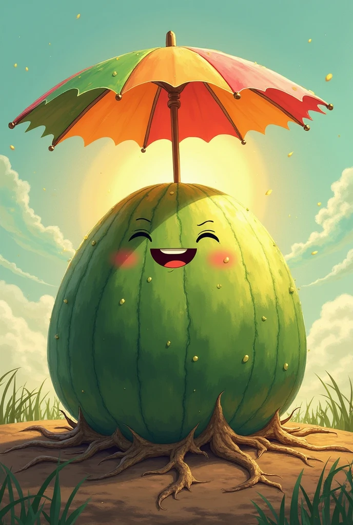 A huge, bright green melon with a cheerful face, sitting under a parasol, glistening in the blazing sun. Its roots reach deep into the earth, providing it with fresh energy.