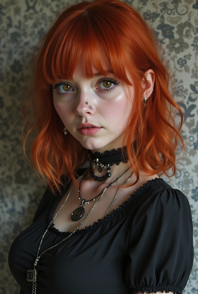 A woman in her 20s, looking at the camera, she has freckles, green eyes, she has Lush redhead hair, wearing a gothgal outfit, hyperdetailed, hyperrealism, detailed skin texture, ((best quality)), ((masterpiece)), (detailed), 8k uhd, Nikon 70d, ISO200, F/2.8, 1/25sec, 70mm <lora:ballgownGoth:0.7> <lora:more_details:0.7>