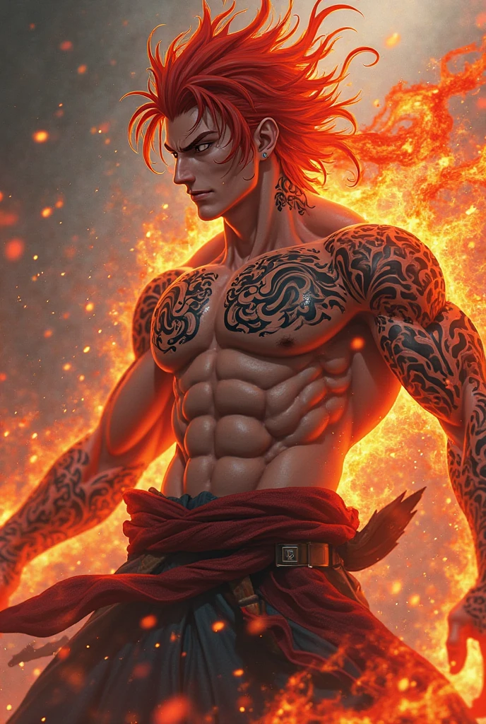 man, Beautiful face, Red hair, red cat ears, red cat tail., Antique clothes, Red eyes, Scarred body, beautiful body, high detail, professional quality, realistically, anime art
