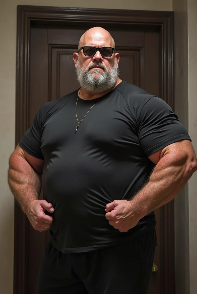 A gray haired super heavyweigth bodybuilder. shirtless with a black leather cap on his head A full body obese bodybuilder with a very sweaty body An extremely muscular and extremely fat old man over 70 years old weighing over 600 pounds. Muy musculoso, muy peludo con pectorales grandes con pezones oscuros y ginecomastia. en un bar Leathe. wearing a black leather harness and black leather shorts