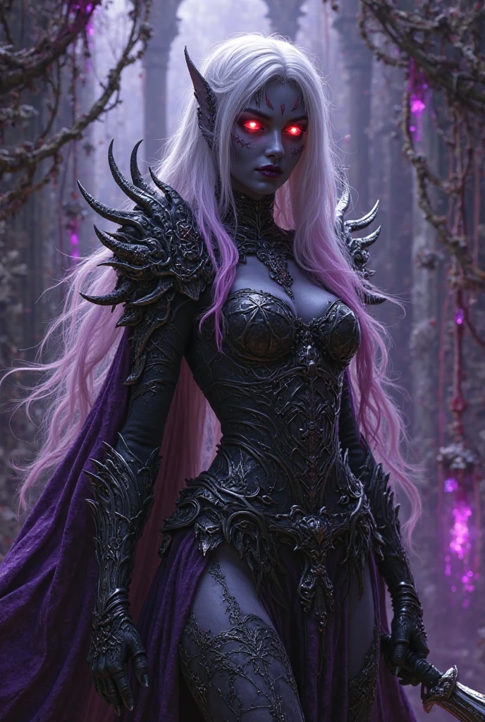 Realistic, Photorealistic, Masterpiece, RAW photo, full-length portrait, Beautiful Alien Woman With Lots Of Purple Hair, On a distant fantasy planet, Cosmic landscape, Cute sexy, realistic face and eyes, Highly detailed, (darkness: 1.6), dinamic composition, scifi aesthetic, Fantasy Aura, Unearthly vegetation, HDR, intricate details, hyper-detailing, Author: Giger, Cinematic, Depth of field, rim light
